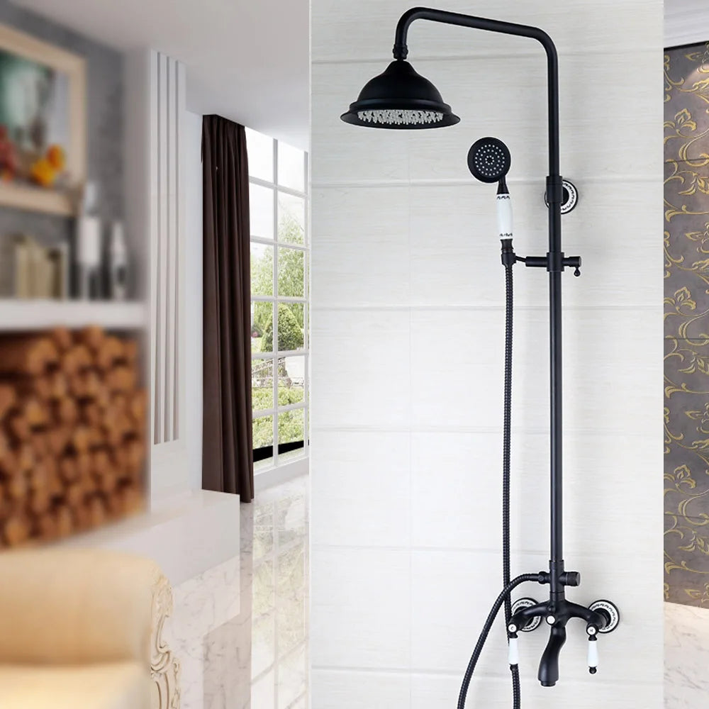 KEMAIDI Bathroom Black Shower Set Wall Mounted 8" Rainfall Shower Faucet 3-functions 2 Cross Handles Solid Brass Shower Fixtures