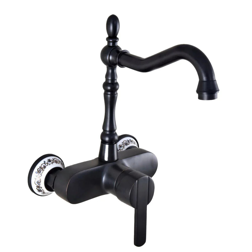 Black Oil Rubbed Bronze Bathroom Kitchen Sink Faucet Mixer Tap Swivel Spout Wall Mounted Single Handle mnf841