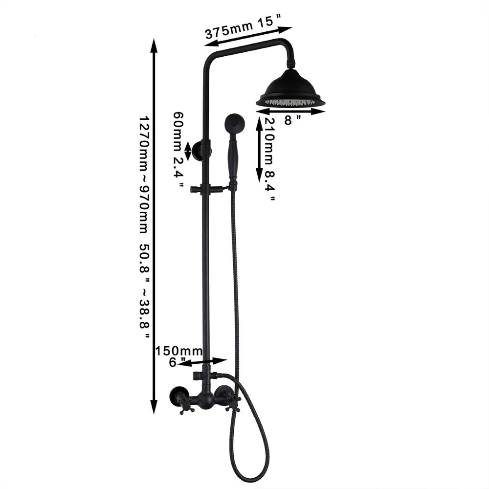 KEMAIDI Bathroom Black Shower Set Wall Mounted 8" Rainfall Shower Faucet 3-functions 2 Cross Handles Solid Brass Shower Fixtures