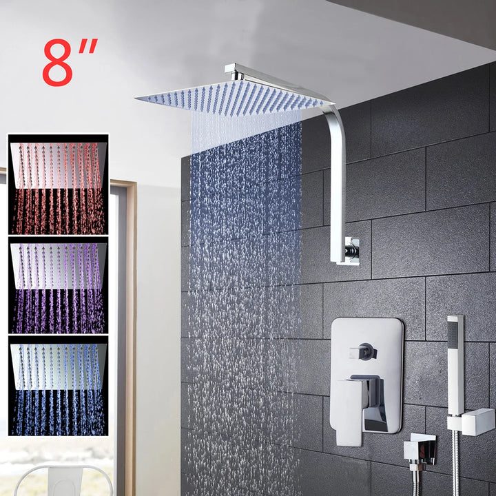 Torayvino Bathroom Shower Set LED Square Rainfall Shower Head Wall Mounted W/ Control Valve Hand Sprayer Chrome Polished Kit