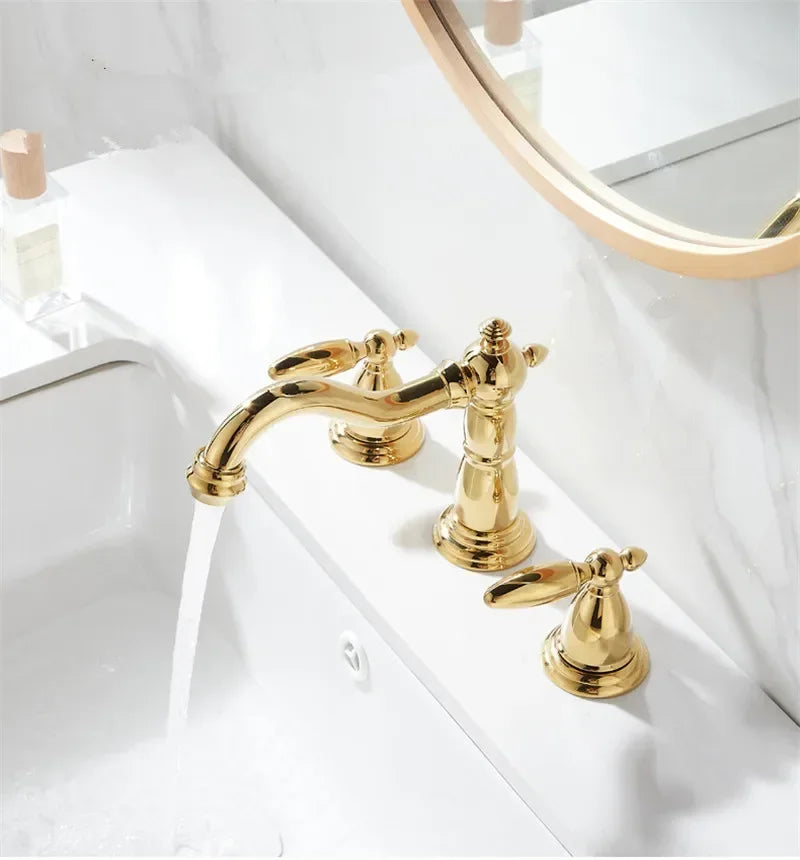 Basin Faucet Brass Gold Widespread Bathroom  Antique Sink  3 Hole Hot And Cold Water  Tap Pop Up