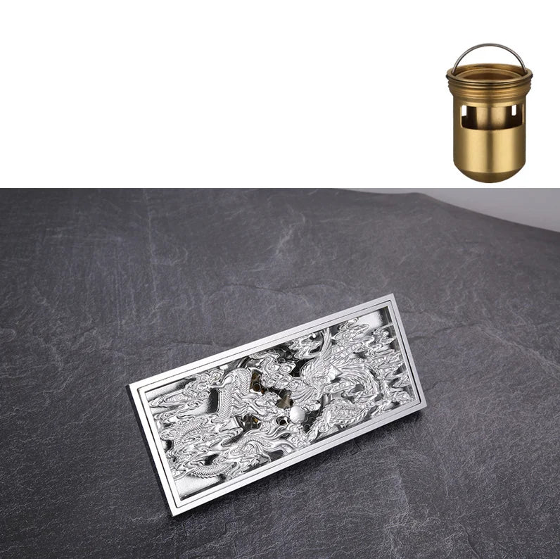 Bathroom Floor Drain Copper Antique Dragon Phoenix Picture Cover Large Displacement Floor Drain 20cm Long Strip Odor-Proof Drain