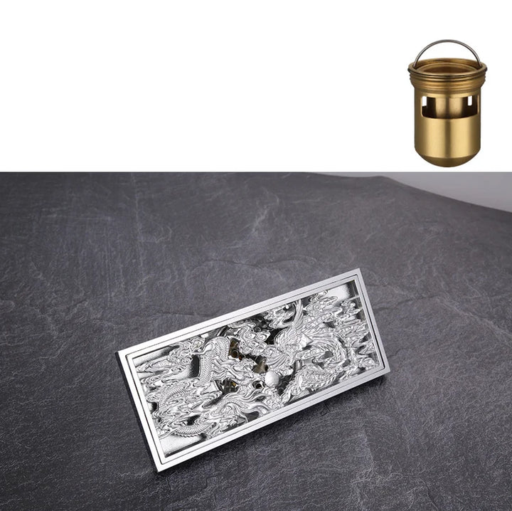 Bathroom Floor Drain Copper Antique Dragon Phoenix Picture Cover Large Displacement Floor Drain 20cm Long Strip Odor-Proof Drain