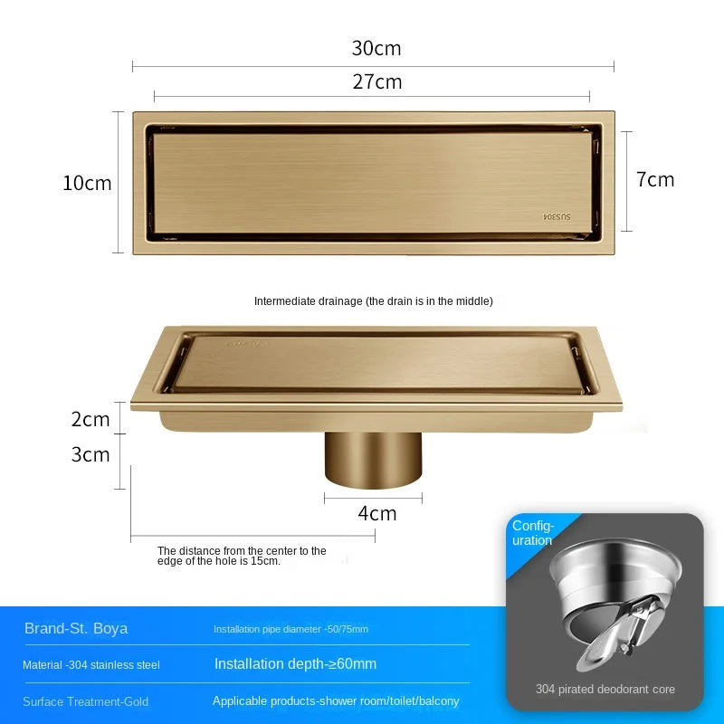 Luxury Hidden 304 Stainless Steel Rectangular Floor Drain Bathroom Toilet Drain Anti-Odor Filter Hair Extended Floor Drain