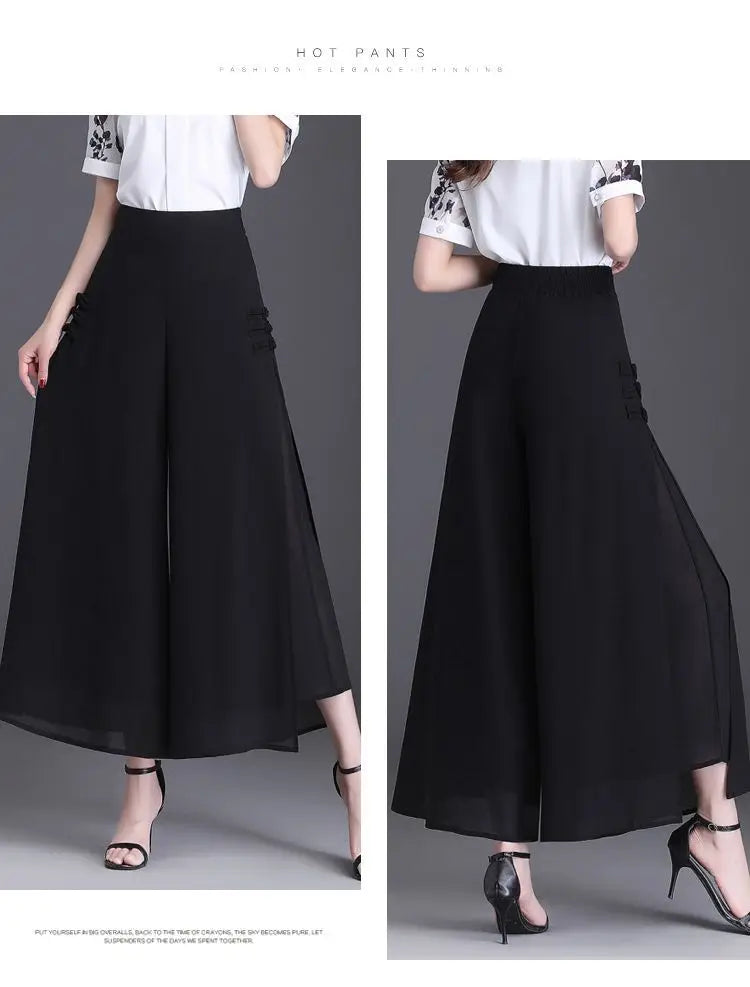 Thin Chinese Style Floral Chiffon Wide Leg Pants Women Tie Die Printed Button Loose High Waist Vintage Straight Trousers