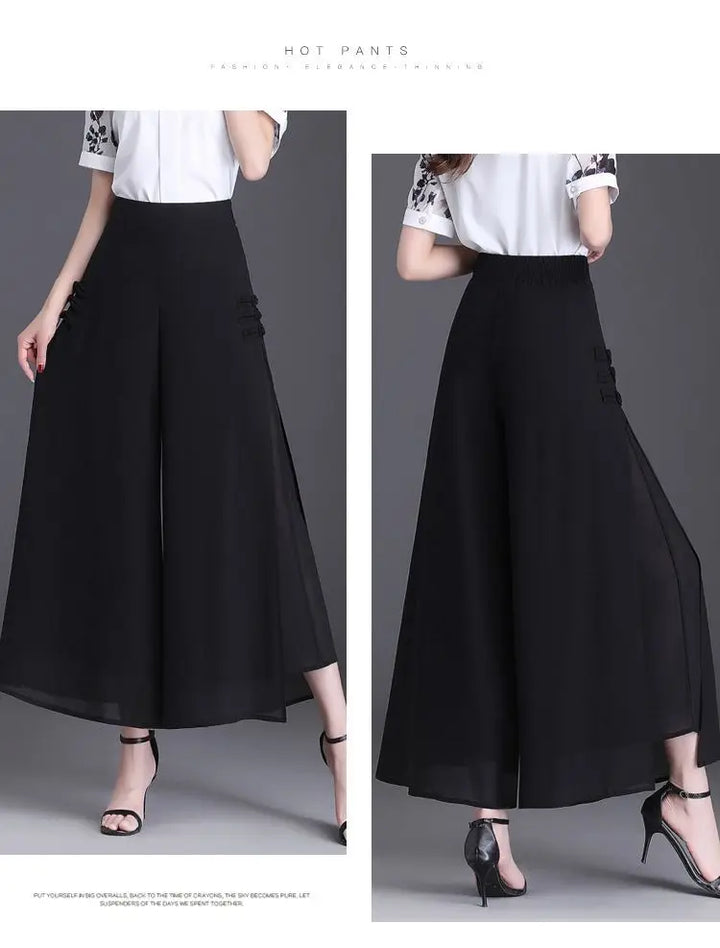 Thin Chinese Style Floral Chiffon Wide Leg Pants Women Tie Die Printed Button Loose High Waist Vintage Straight Trousers