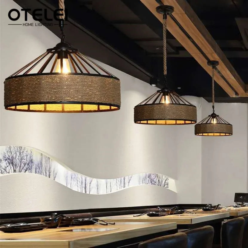 E27 Hemp Rope Woven Pendant Light Classic Vintage Countryside Villa Droplight Tea Room Bedroom Dining Room Retro Hanging Lamp