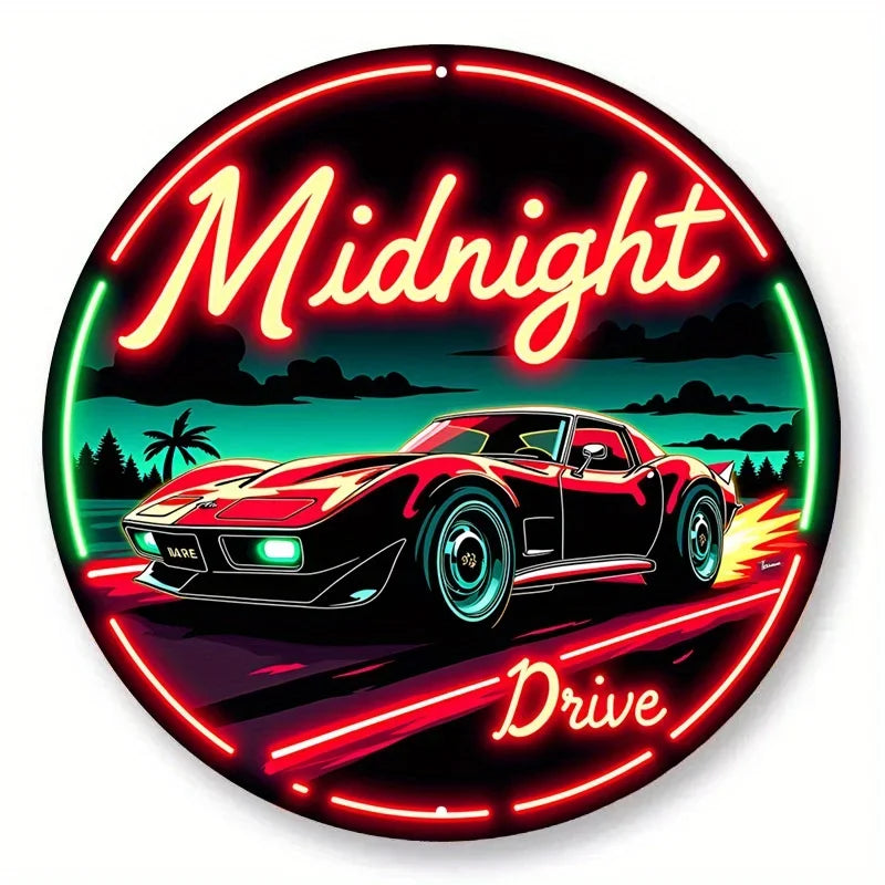 Vintage Neon Car Sign Midnight Drive – Retro Automotive LED Art Metal Sign with Red & Green Lights, Round Metal Wall Decor