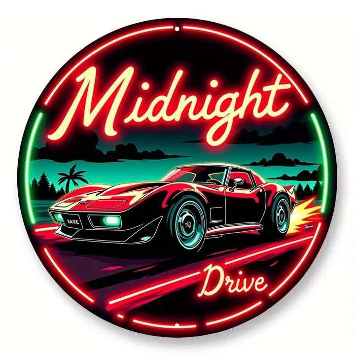 Vintage Neon Car Sign Midnight Drive – Retro Automotive LED Art Metal Sign with Red & Green Lights, Round Metal Wall Decor
