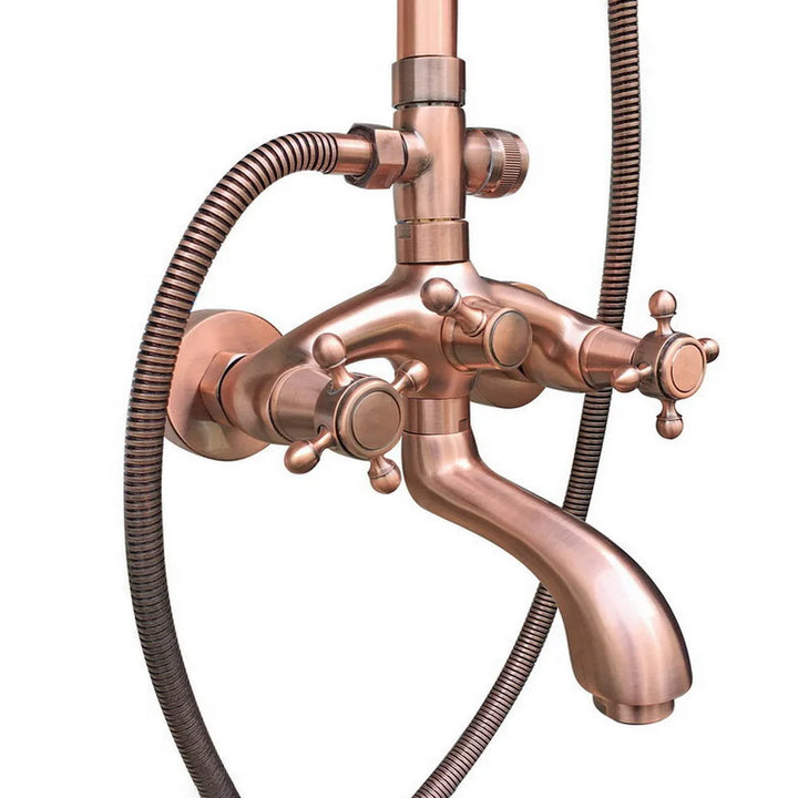 Antique Red Copper Wall Mount Rain Shower System Hand Shower Head Set Bathtub Dual Cross Handles Tap arg503