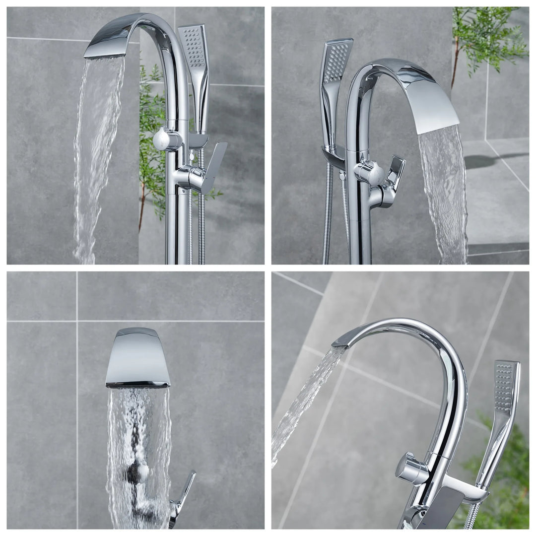 Floor Stand Waterfall Bathtub Faucet Solid Brass Bathroom Bathtub Water Mixer with Hand Shower in Brushed Rose Gold, Black, Gold