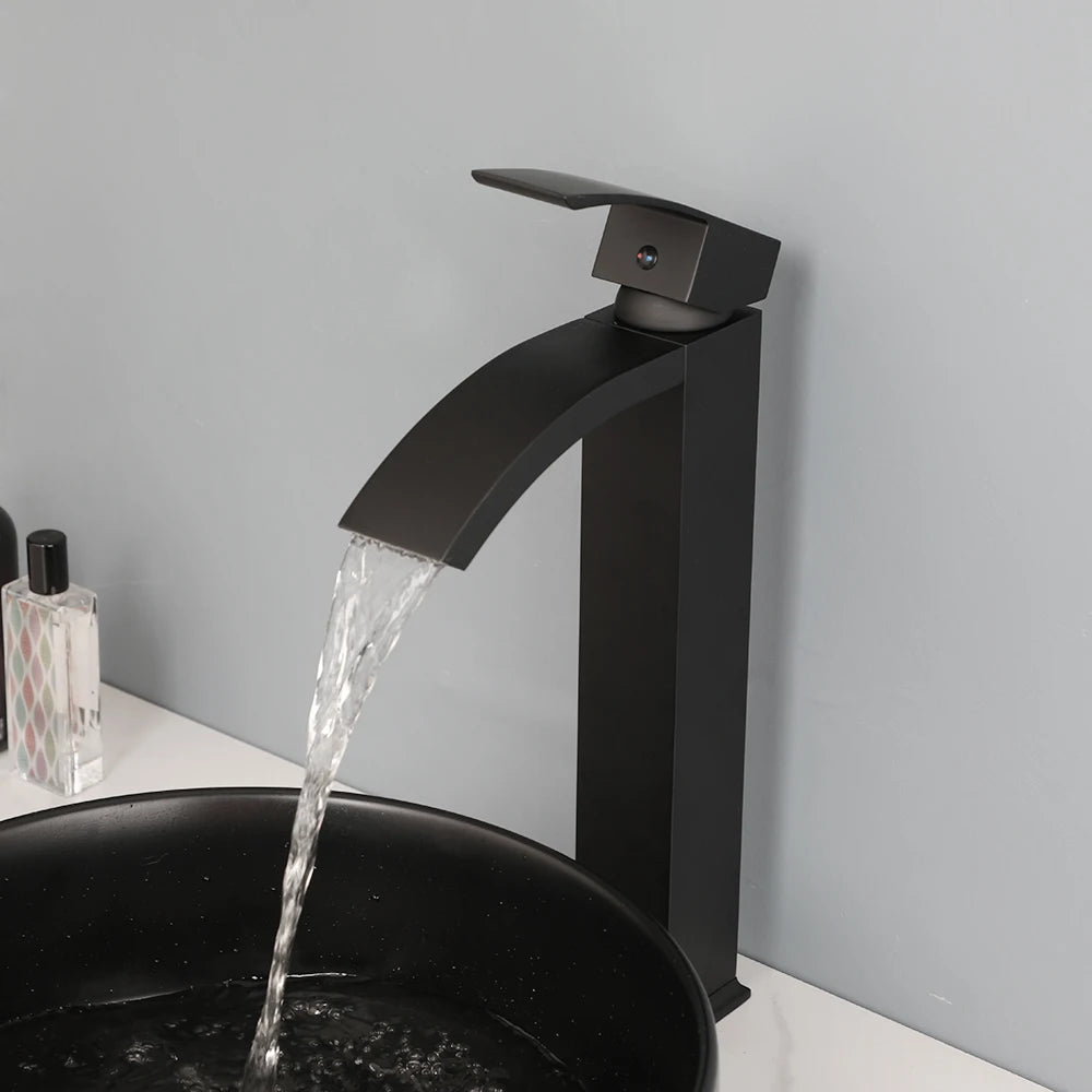KEMAIDI Matte Black Bathroom Ceramic Washing Bowl Sink Above Counter Round Bathroom Sinks with Faucet Mixer Tap Set Deck Mounted