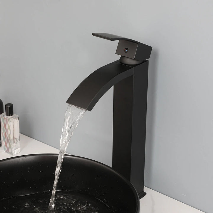 KEMAIDI Matte Black Bathroom Ceramic Washing Bowl Sink Above Counter Round Bathroom Sinks with Faucet Mixer Tap Set Deck Mounted