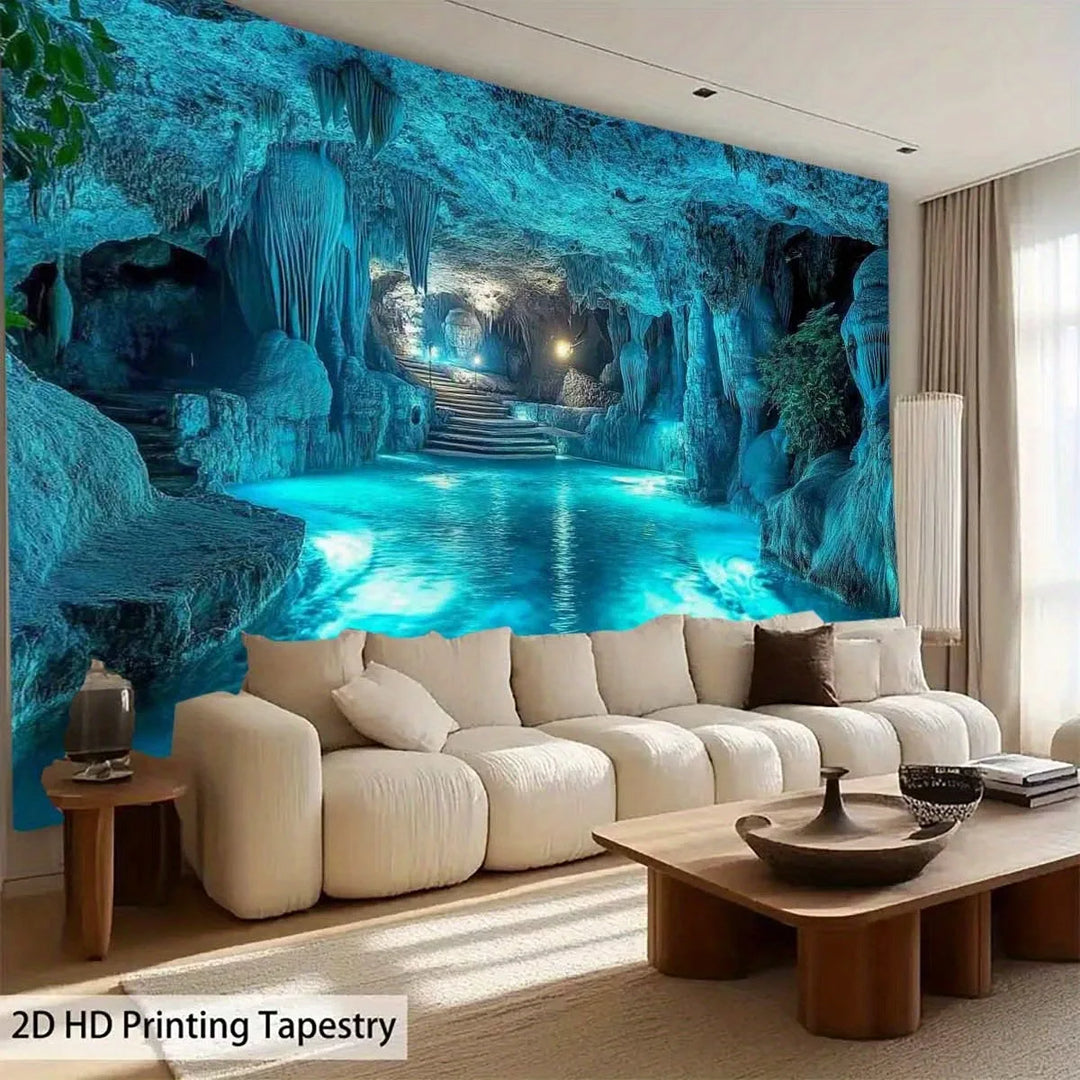 Stunning Blue Cave Underground Waterfall Digital Print Tapestry Wall Hanging