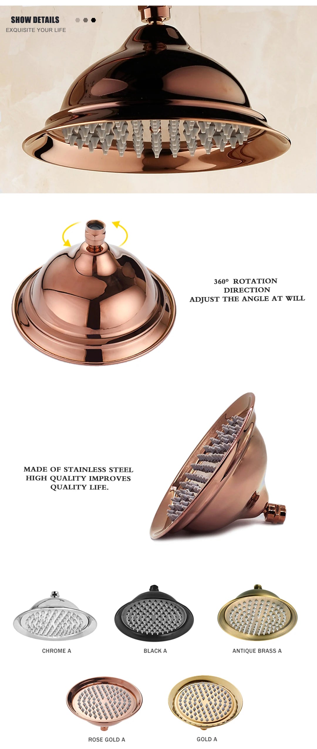 Brass Golden Rainfall Shower Head Rose Gold Handheld Shower Bathroom
