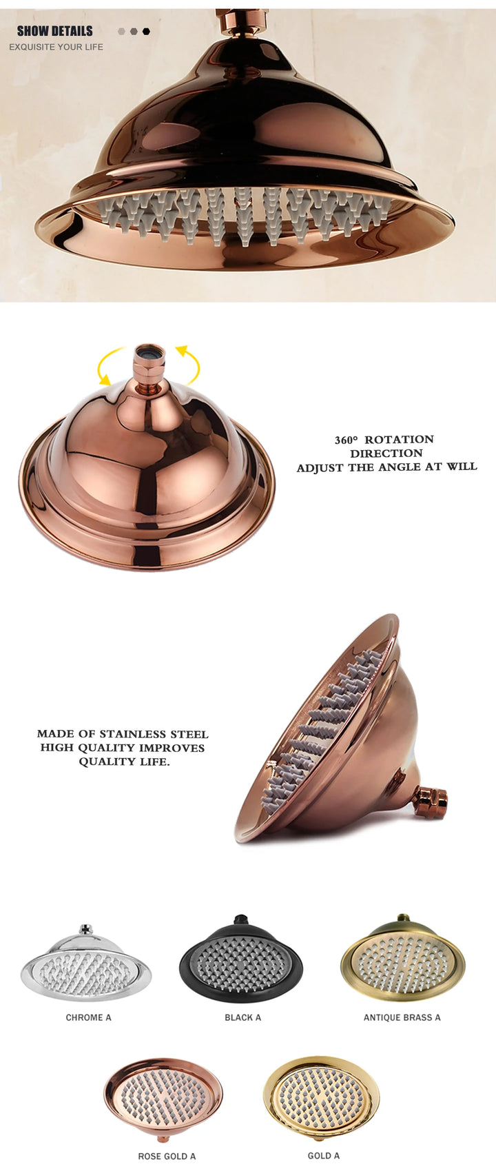 Brass Golden Rainfall Shower Head Rose Gold Handheld Shower Bathroom