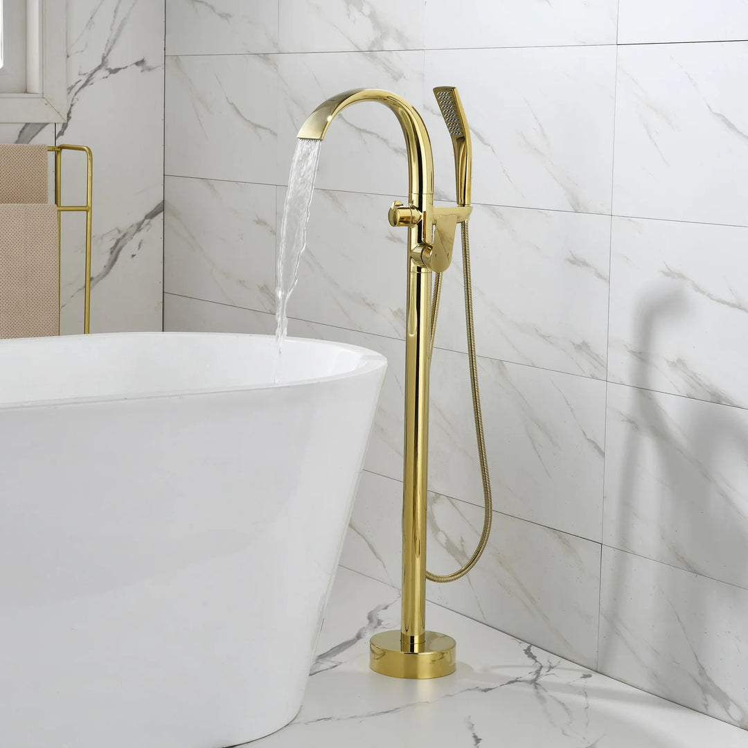 Floor Stand Waterfall Bathtub Faucet Solid Brass Bathroom Bathtub Water Mixer with Hand Shower in Brushed Rose Gold, Black, Gold