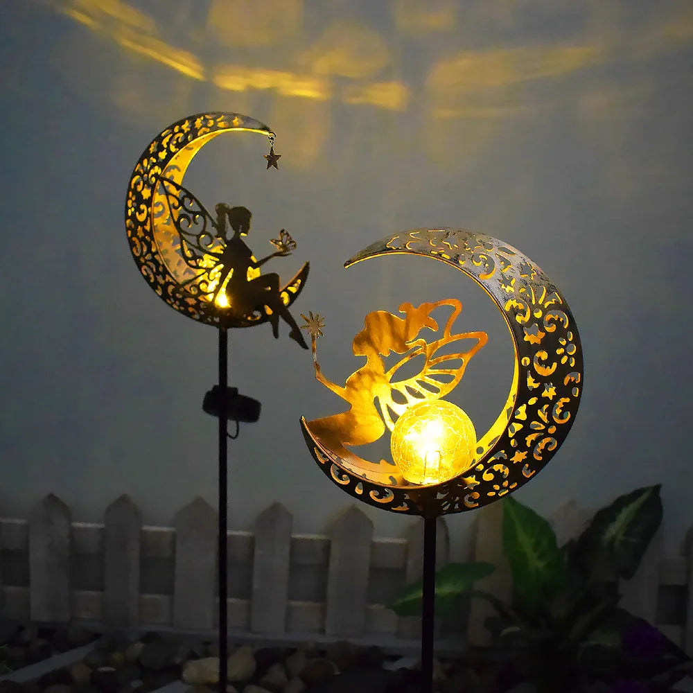 Solar Outdoor Garden Moon Lights Waterproof  LED Metal Fairy Landscape Light Perfect for Pathway and Yard Decor Antique Wrought