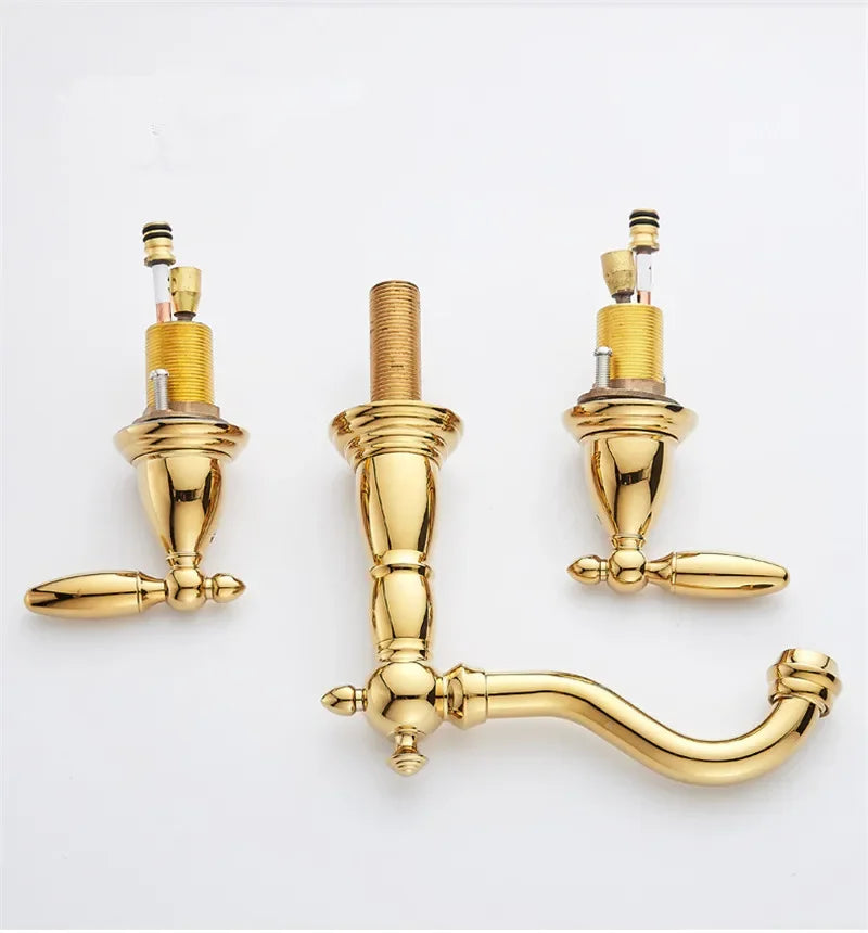 Basin Faucet Brass Gold Widespread Bathroom  Antique Sink  3 Hole Hot And Cold Water  Tap Pop Up