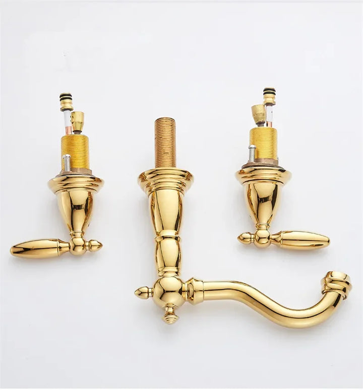 Basin Faucet Brass Gold Widespread Bathroom  Antique Sink  3 Hole Hot And Cold Water  Tap Pop Up