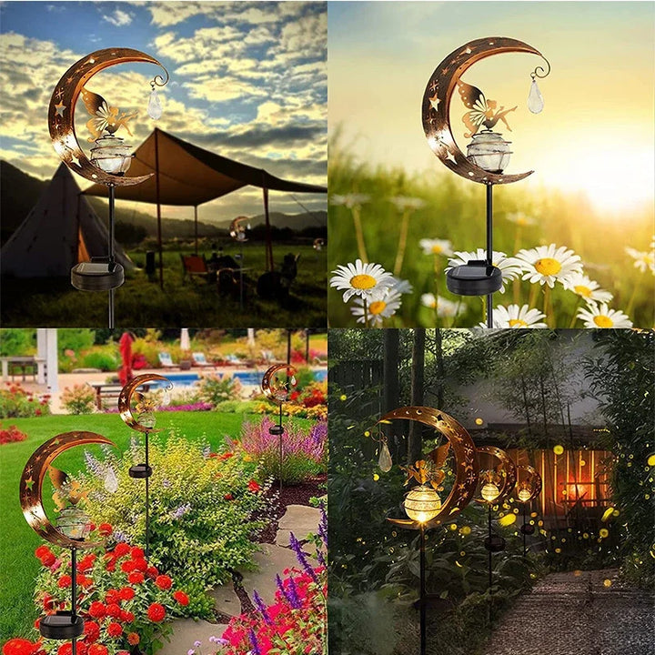 Solar Outdoor Garden Moon Lights Waterproof  LED Metal Fairy Landscape Light Perfect for Pathway and Yard Decor Antique Wrought