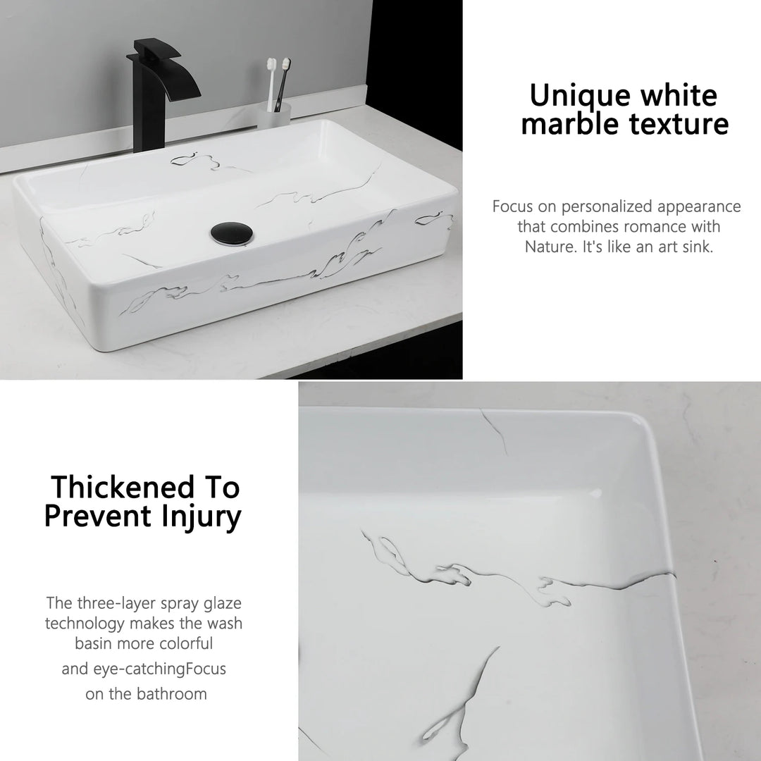 KEMAIDI Black Vanity Sink Rectangle Marble Bathroom Vessel Sink Above Counter Sinks for Bathrooms
