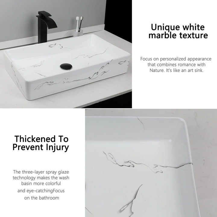 KEMAIDI Black Vanity Sink Rectangle Marble Bathroom Vessel Sink Above Counter Sinks for Bathrooms