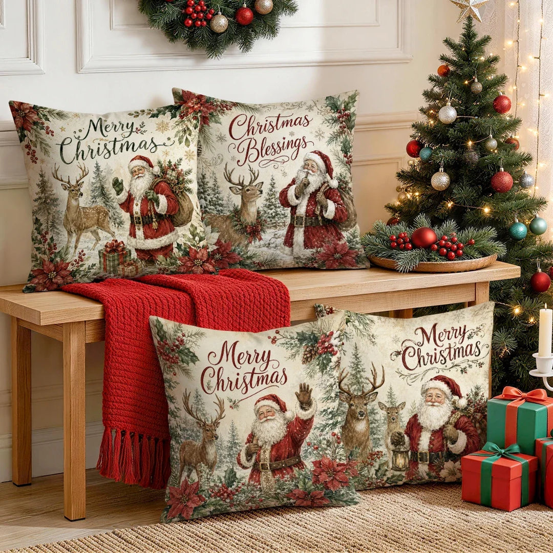 1/4pcs Vintage Watercolor Santa Claus Polyester Cushion