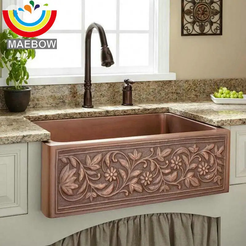 MAEBOW Antique Copper Regtangular Apron Front Single Bowl Artistic Kitchen Sink