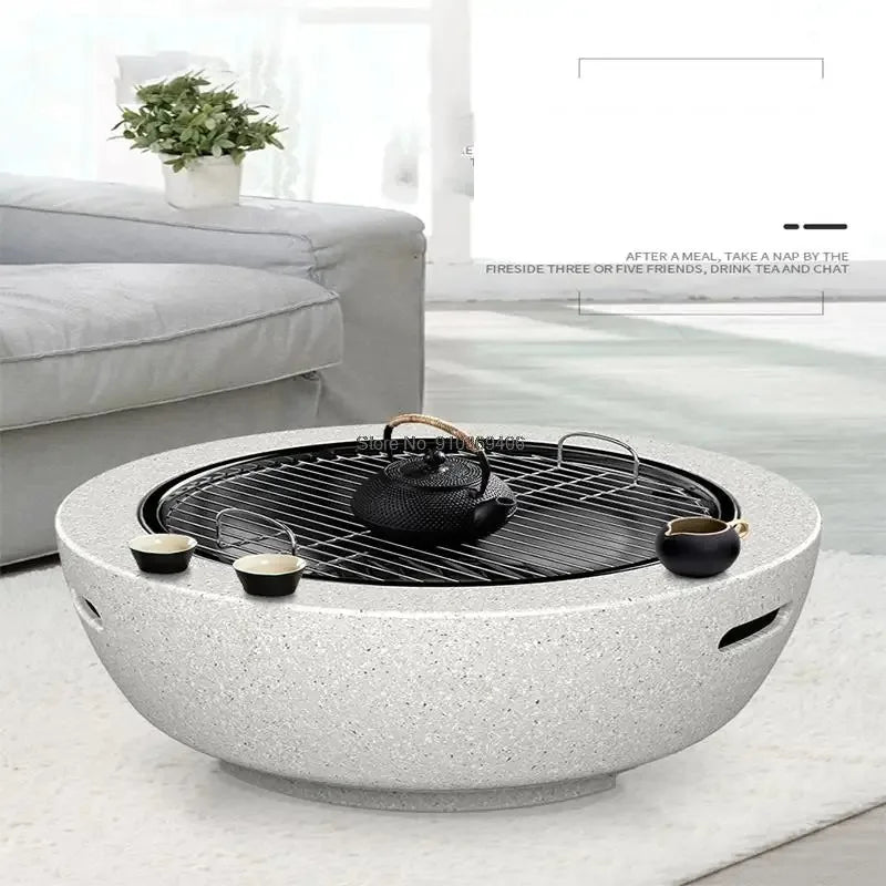 Round Outdoor Fire Pit Table Household Charcoal Brazier Garden Courtyard Barbecue Grill with Mesh Enclosure and Barbecue Net