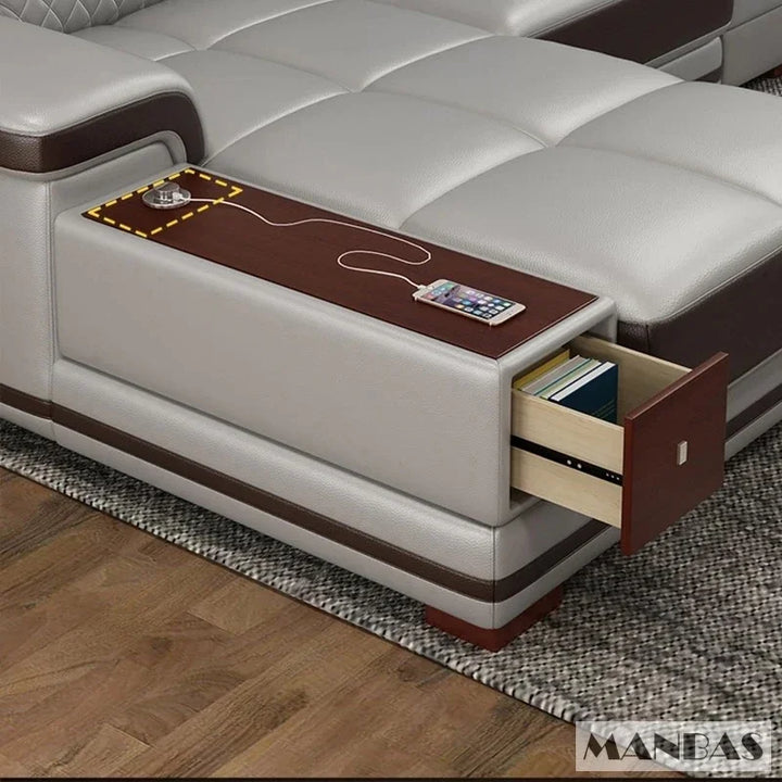 Modern Luxury Genuine Leather Sectional Sofa with Chaise Lounge, Adjustable Headrest, Built-in Storage, USB Charging, Cup Holder