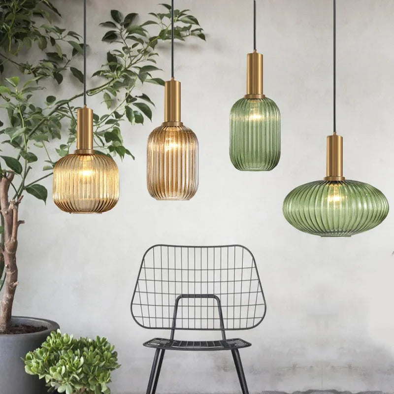 DINDALLED Striped Glass Pendant Light Nordic Vintage Chandelier for Dining Kitchen Island Hanging Lamp Lighting Decor
