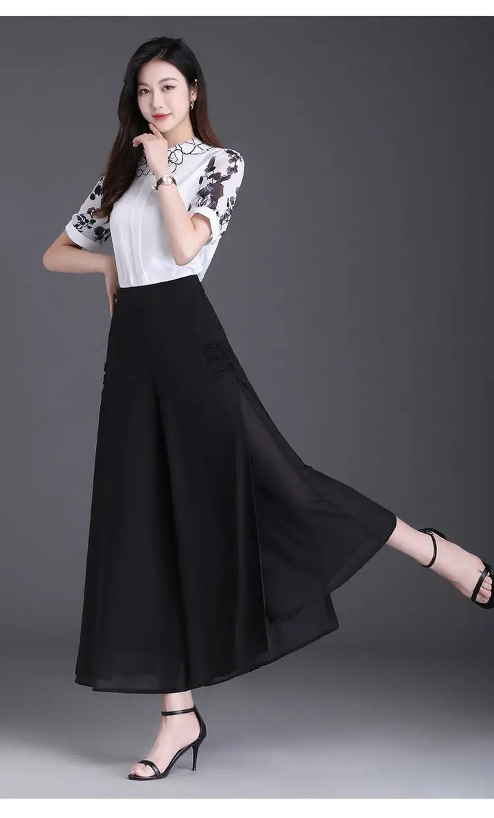 Thin Chinese Style Floral Chiffon Wide Leg Pants Women Tie Die Printed Button Loose High Waist Vintage Straight Trousers