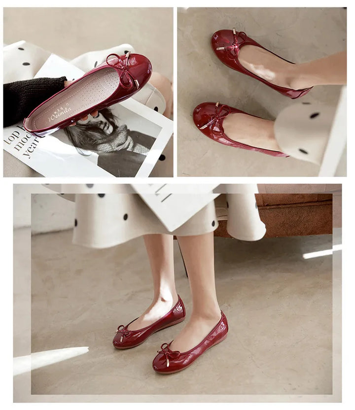 Ladies Loafers Shoes Bowtie Flats Patent Leather Loafers Women Round Toe Roll-Up Shoes Woman Bridesmaid Flats Large Size Zapatos