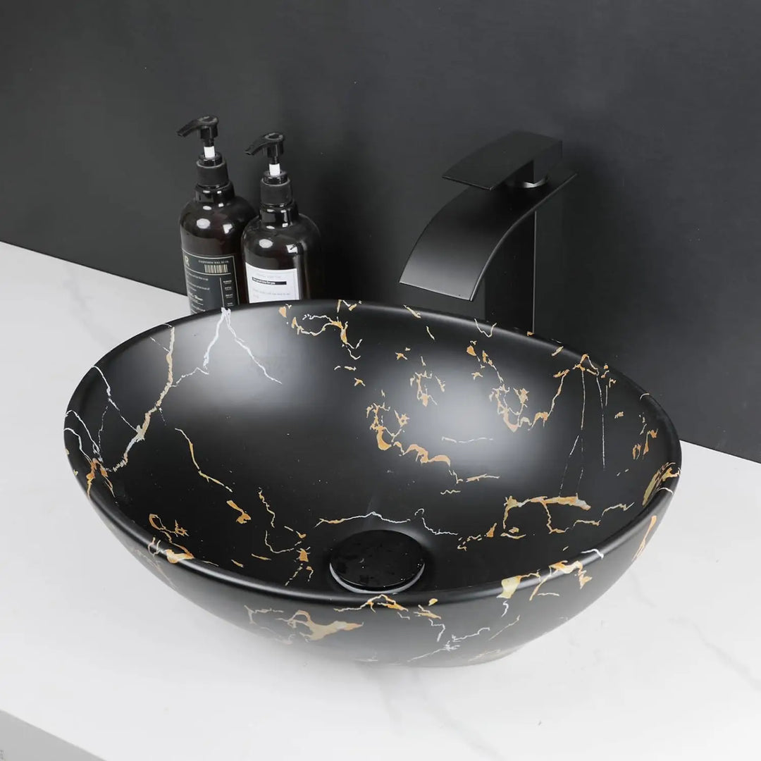 KEMAIDI Oval Vessel Sink with Faucet White Marbling Bathroom Vessel Sinks Above Counter  Ceramic Vessel Sinks for Bathroom Mixer