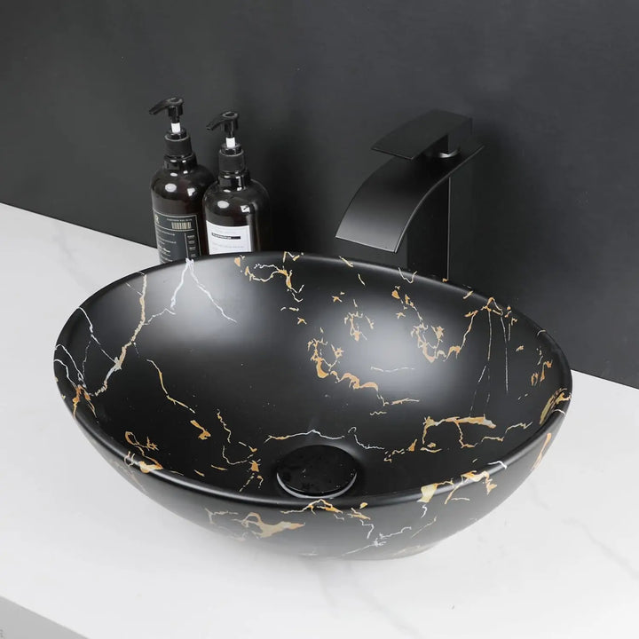 KEMAIDI Oval Vessel Sink with Faucet White Marbling Bathroom Vessel Sinks Above Counter  Ceramic Vessel Sinks for Bathroom Mixer