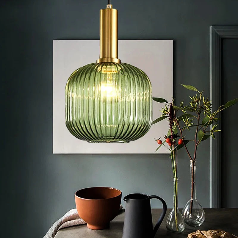 DINDALLED Striped Glass Pendant Light Nordic Vintage Chandelier for Dining Kitchen Island Hanging Lamp Lighting Decor