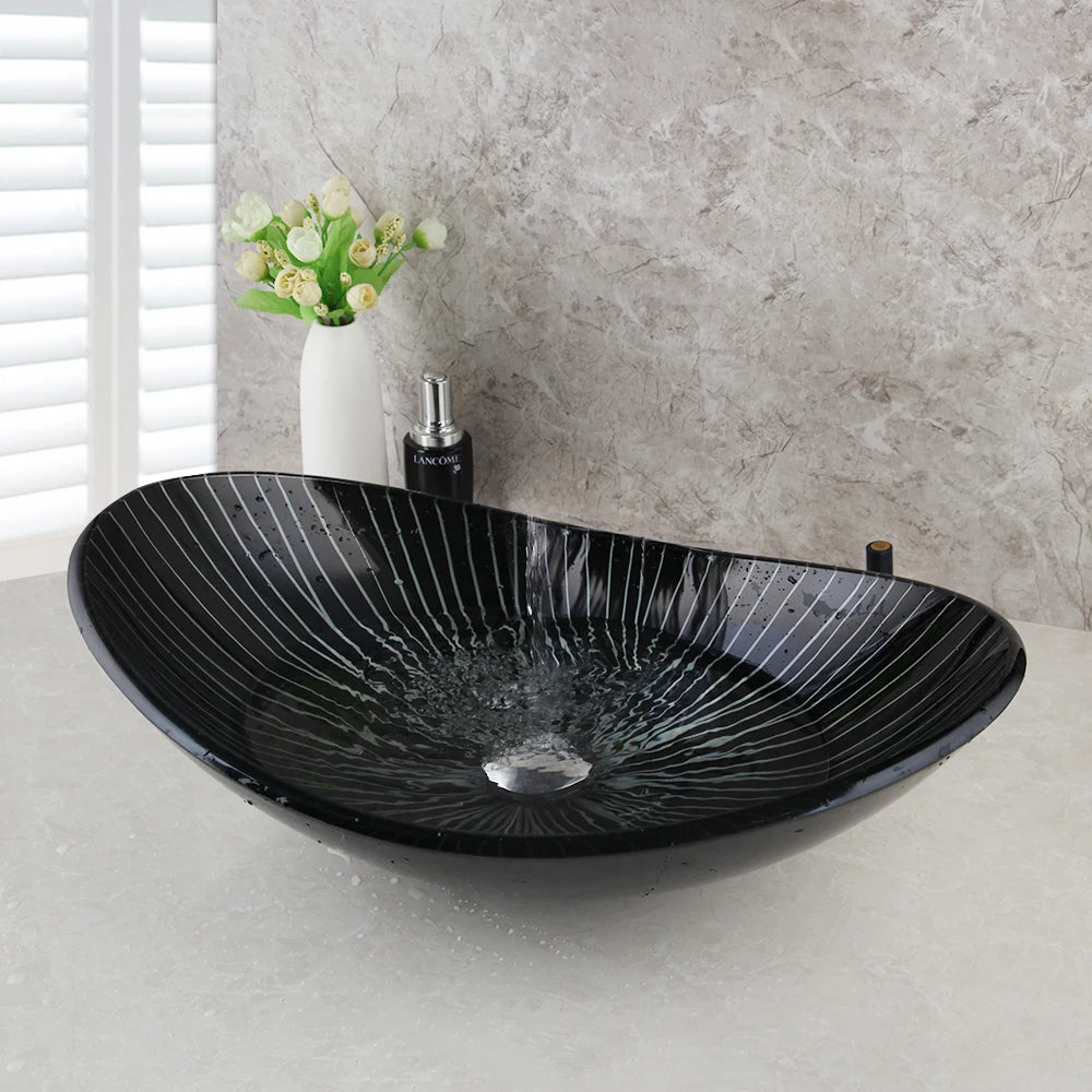 KEMAIDI Black Striped Tempered Glass Vessel Sink Set, Multi-Shape Bathroom Basin with Single-Handle Faucet Deck Mounted Vessel