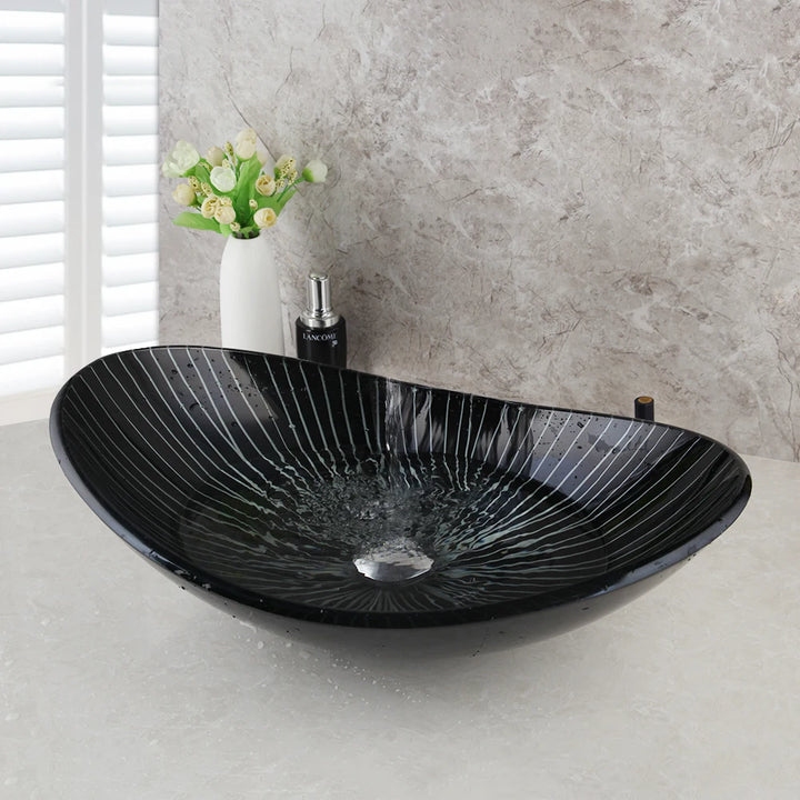 KEMAIDI Black Striped Tempered Glass Vessel Sink Set, Multi-Shape Bathroom Basin with Single-Handle Faucet Deck Mounted Vessel
