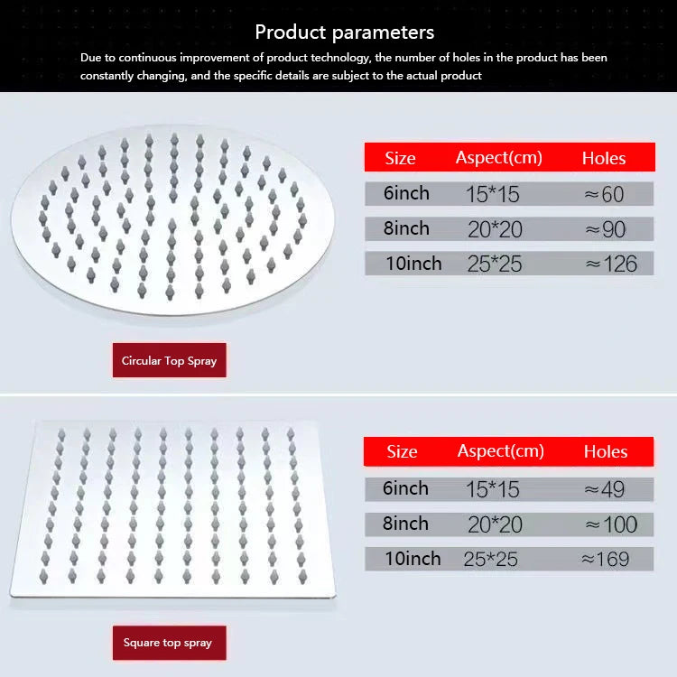 4/6/8/10/12 Inch Pressurized Rain Shower Head Stainless Steel Square Round Rain Shower Head Large Water Outlet Shower Head