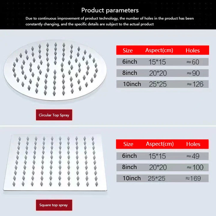 4/6/8/10/12 Inch Pressurized Rain Shower Head Stainless Steel Square Round Rain Shower Head Large Water Outlet Shower Head