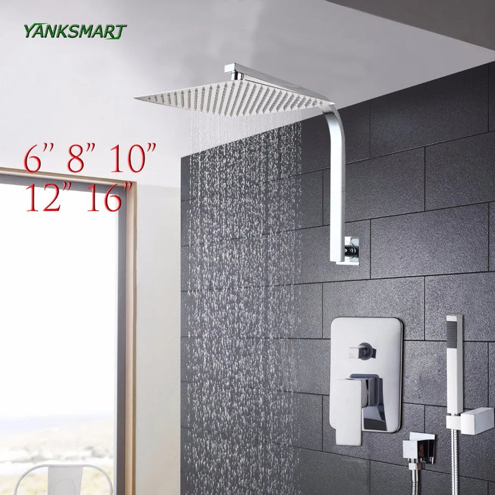 Torayvino Bathroom Shower Set LED Square Rainfall Shower Head Wall Mounted W/ Control Valve Hand Sprayer Chrome Polished Kit