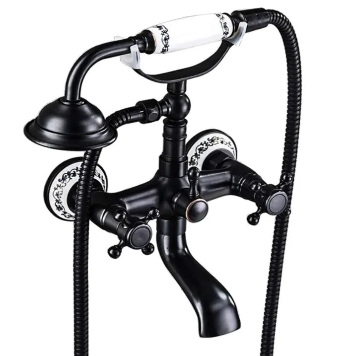 Antique Luxury Bathroom Shower Faucet Copper Black Bathtub Faucet Shower Set Wall Mounted 2 Handles Shower