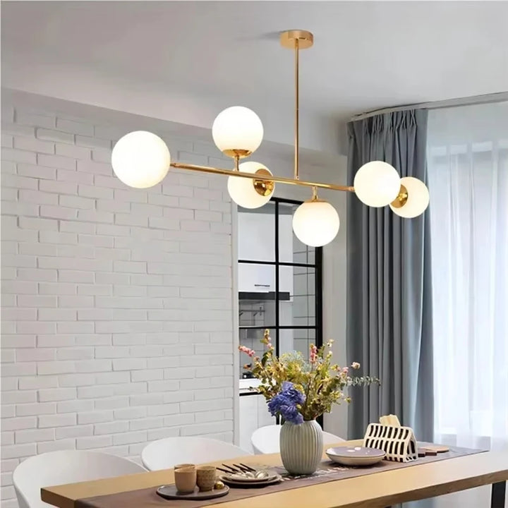 Modern Chandelier Pendant Light 8-Lights Gold & White Glass Pendant Lighting Globe Dining Light Fixture for Living Room Kitchen