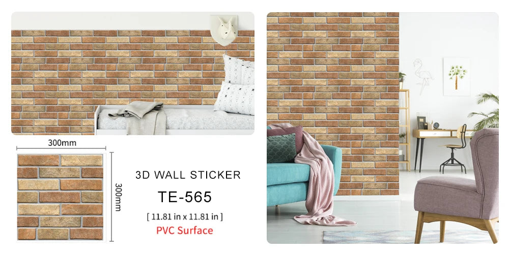 15PCS Wall Sticker Waterproof PVC imitation brick Wallpapers for TV walls living room bedroom kitchen kids rooms painted surface