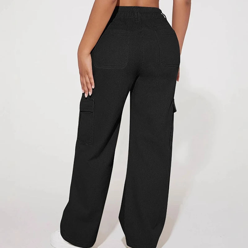 Women Black Wide Leg Cargo Pants 2025 Fashion High Waist Button Big Pocket Long Trousers Vintage Y2K Streetwear Baggy Trousers