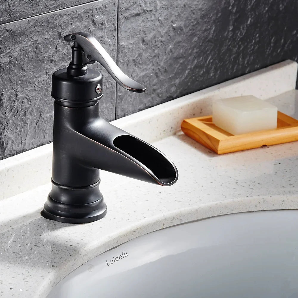 Copper antique brass washbasin hot and cold faucet European retro washbasin waterfall faucet single handle