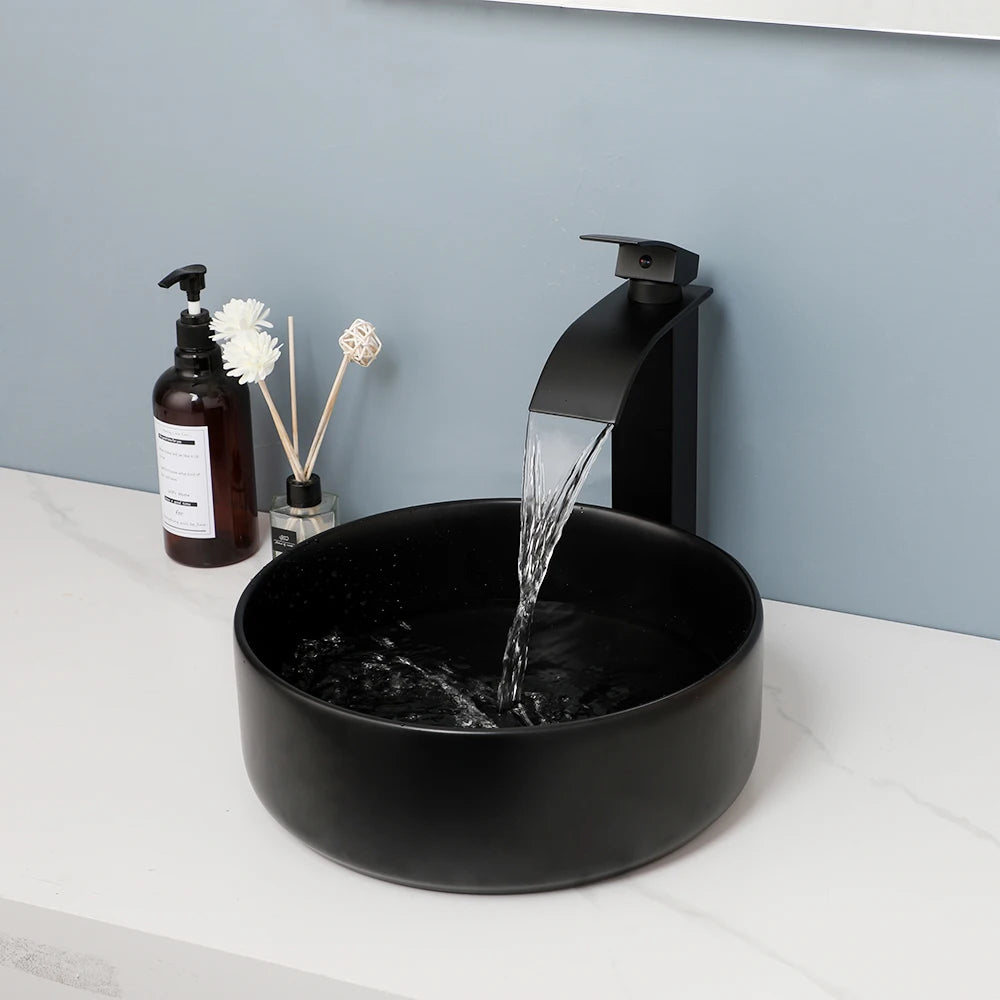 KEMAIDI Matte Black Bathroom Ceramic Washing Bowl Sink Above Counter Round Bathroom Sinks with Faucet Mixer Tap Set Deck Mounted