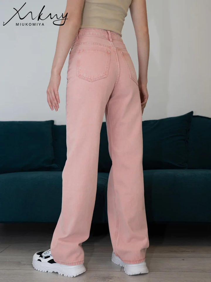 MiuKoMiYa Straight Leg Jeans For Women High Waist Gray Long Wide Denim Pants Vintage Blue Boyfriend Jeans