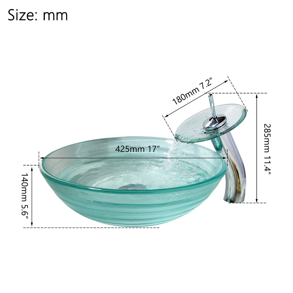 YANKSMART Transparent Tempered Glass Round Bathroom Basin Sink Faucet Set Washbasin Vessel Vanity with Mixer Waterfall Faucets